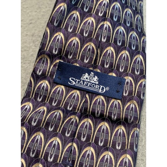 Stafford Mens Silk Tie Purple and Gold Geometric Pattern Necktie - Picture 3 of 5